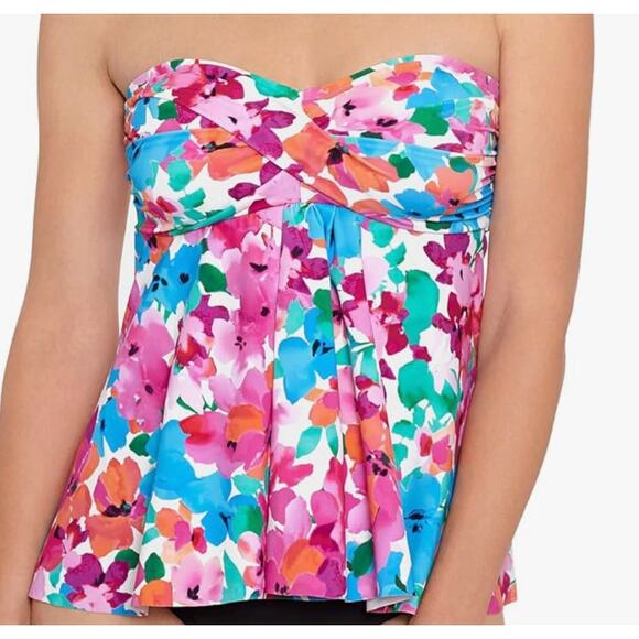 Swim Solutions Pink Blue Green Floral Twisted Bandeau Tankini Top 16 NWT - Picture 1 of 3